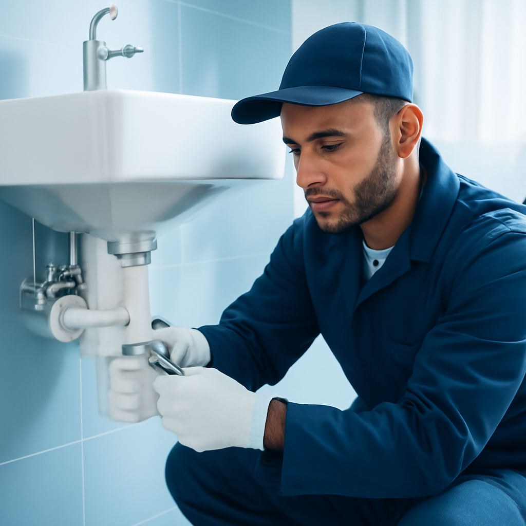 A professional plumber working on bathroom plumbing